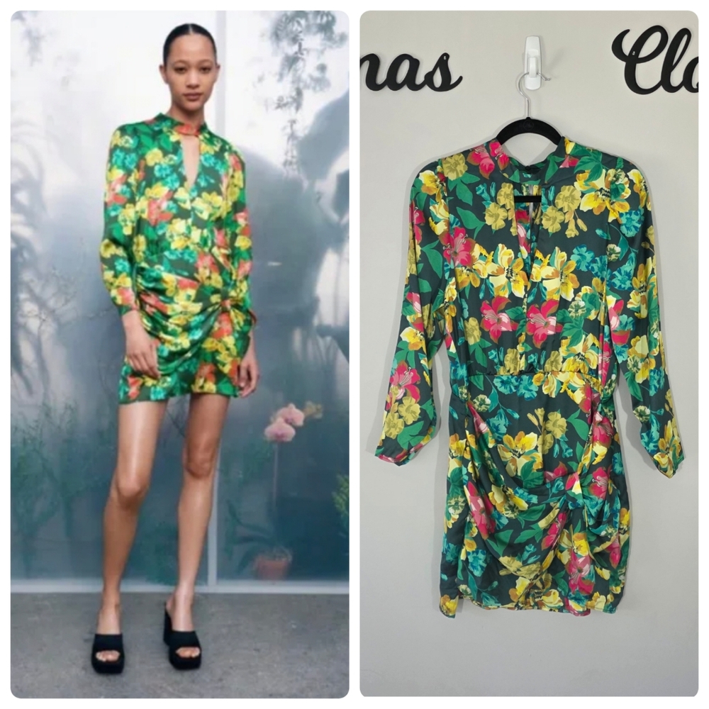 ZARA Floral Print Satin Long Sleeve Ruched Mini Dress‎ Size XL NWT